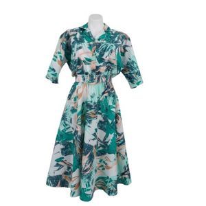 Vintage 80s Caliche Abstract Shirt Dress Belted Teal Button Front Midi Sz 8